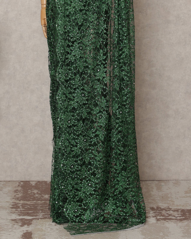 Bottle Green Premium French 2-Tone Chantilly Lace Saree with Stonework, 5.5 Mtrs with 110 Cms Width, Imported from France-D25426