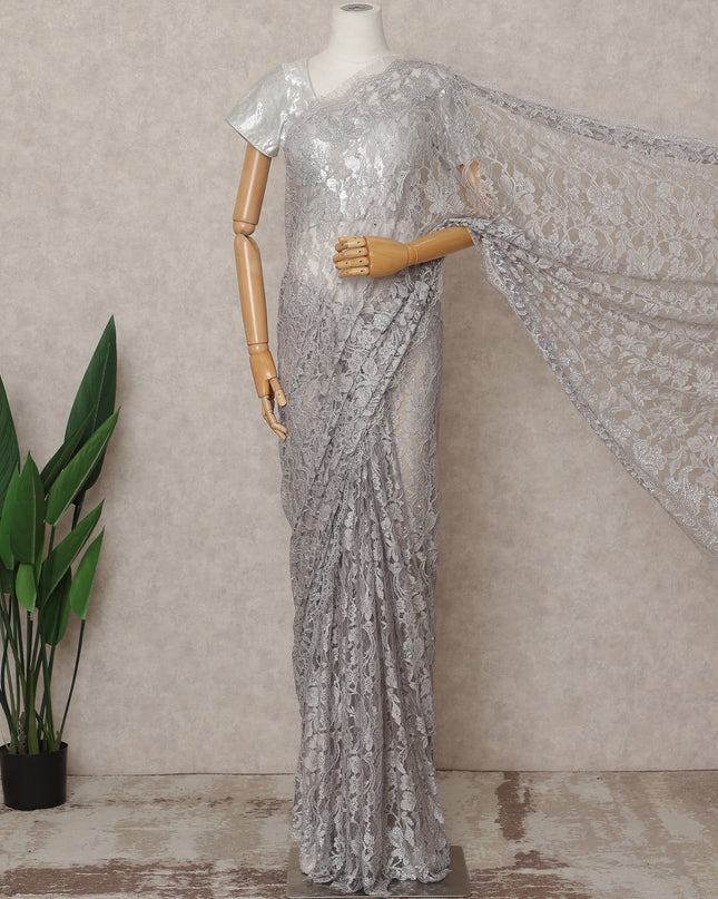 Silver Grey Premium French Chantilly Lace Saree Fabric with Stone Work – 5.5 Meters Length, Width 110 Cms, Made in France-D25615 Regal Fabrics