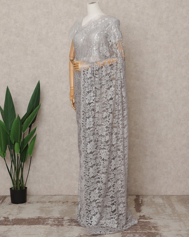Silver Grey Premium French Chantilly Lace Saree Fabric with Stone Work – 5.5 Meters Length, Width 110 Cms, Made in France-D25615 Regal Fabrics