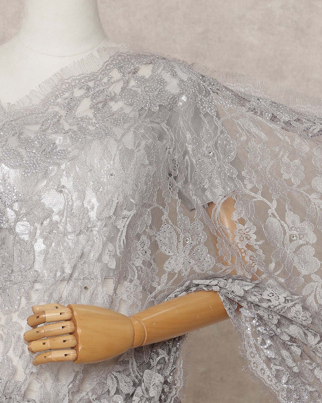 Silver Grey Premium French Chantilly Lace Saree Fabric with Stone Work – 5.5 Meters Length, Width 110 Cms, Made in France-D25615 Regal Fabrics