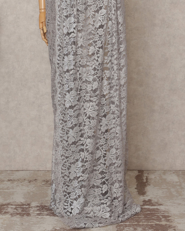 Silver Grey Premium French Chantilly Lace Saree Fabric with Stone Work – 5.5 Meters Length, Width 110 Cms, Made in France-D25615 Regal Fabrics