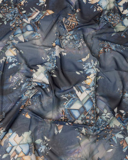 Navy Blue Cotton Voile Traditional Sudanese Thobe with Multicolor Abstract Print, 4.5 Mtrs Piece, Width 140 Cms, Made in India-D26470
