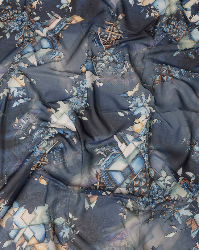 Navy Blue Cotton Voile Traditional Sudanese Thobe with Multicolor Abstract Print, 4.5 Mtrs Piece, Width 140 Cms, Made in India-D26470