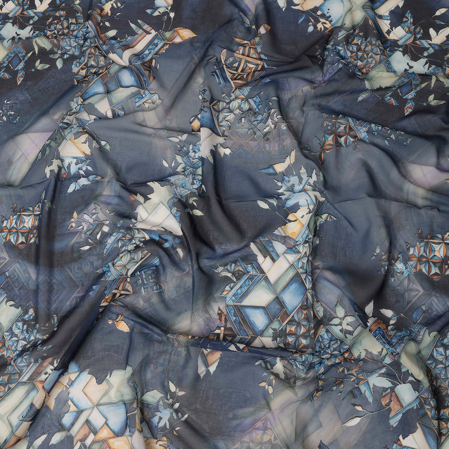 Navy Blue Cotton Voile Traditional Sudanese Thobe with Multicolor Abstract Print, 4.5 Mtrs Piece, Width 140 Cms, Made in India-D26470