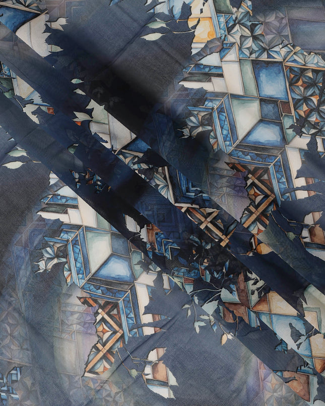 Navy Blue Cotton Voile Traditional Sudanese Thobe with Multicolor Abstract Print, 4.5 Mtrs Piece, Width 140 Cms, Made in India-D26470