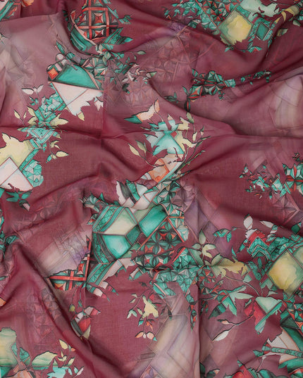 Maroon Multi-Color Geometric Floral Printed Somali Cotton Voile Dirac Fabric, 3.5 Mtrs Piece, 140 cm Width, Made in India-D26656
