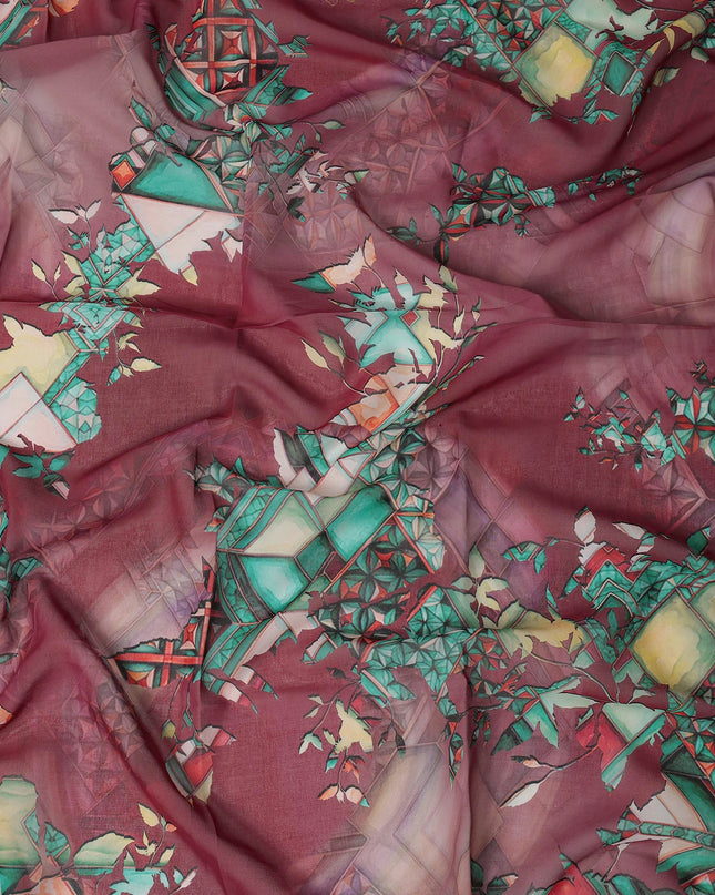 Maroon Multi-Color Geometric Floral Printed Somali Cotton Voile Dirac Fabric, 3.5 Mtrs Piece, 140 cm Width, Made in India-D26656