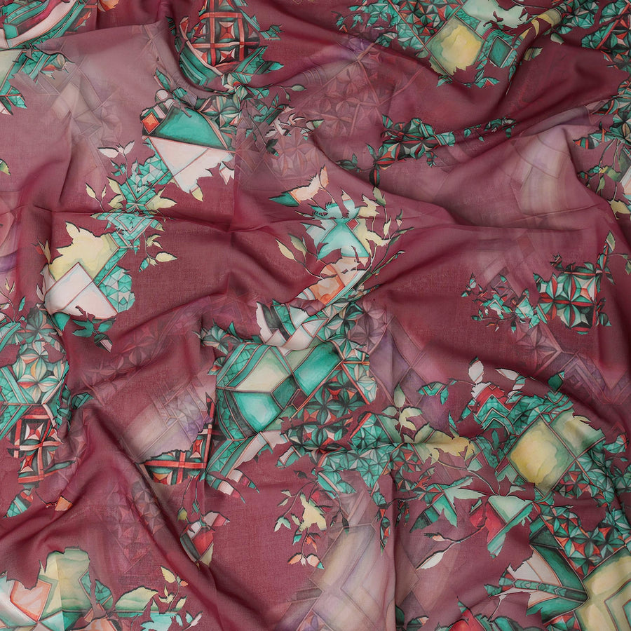 Maroon Cotton Voile Traditional Sudanese Thobe with Abstract Multicolor Print, 4.5 Mtrs Piece, Width 140 Cms, Made in India-D26469