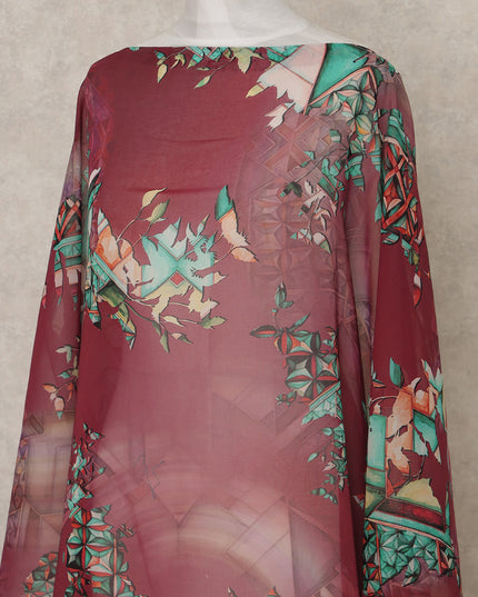 Maroon Multi-Color Geometric Floral Printed Somali Cotton Voile Dirac Fabric, 3.5 Mtrs Piece, 140 cm Width, Made in India-D26656