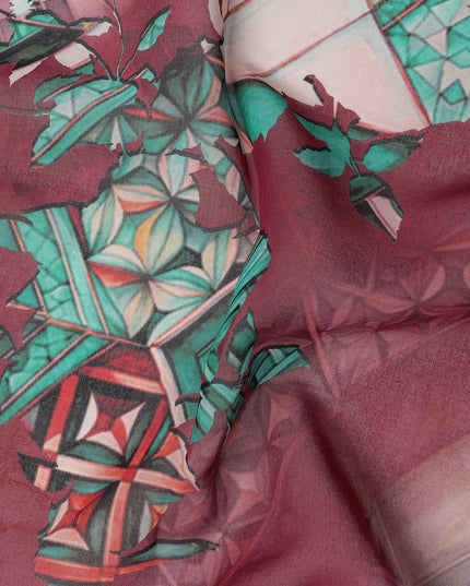 Maroon Cotton Voile Traditional Sudanese Thobe with Abstract Multicolor Print, 4.5 Mtrs Piece, Width 140 Cms, Made in India-D26469
