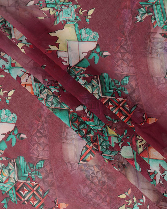 Maroon Cotton Voile Traditional Sudanese Thobe with Abstract Multicolor Print, 4.5 Mtrs Piece, Width 140 Cms, Made in India-D26469