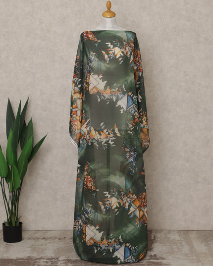 Green Multi-Color Geometric Floral Printed Somali Cotton Voile Dirac Fabric, 3.5 Mtrs Piece, 140 cm Width, Made in India-D26657