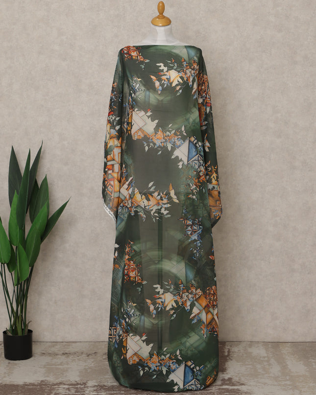 Green Multi-Color Geometric Floral Printed Somali Cotton Voile Dirac Fabric, 3.5 Mtrs Piece, 140 cm Width, Made in India-D26657