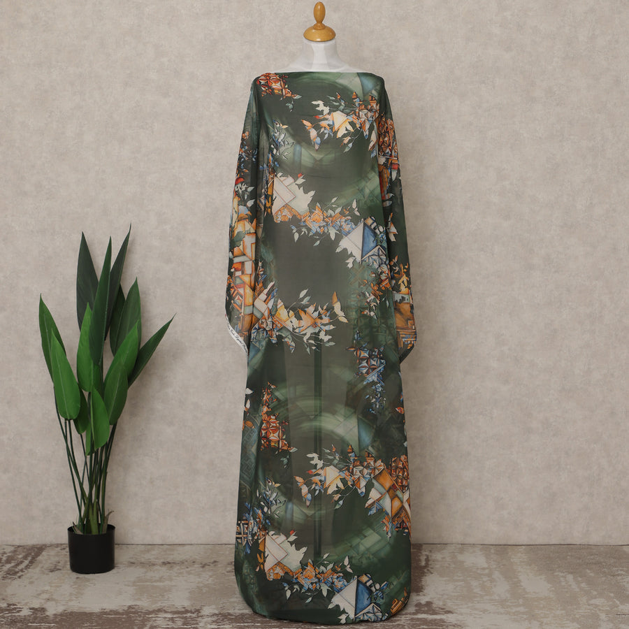 Green Multi-Color Geometric Floral Printed Somali Cotton Voile Dirac Fabric, 3.5 Mtrs Piece, 140 cm Width, Made in India-D26657