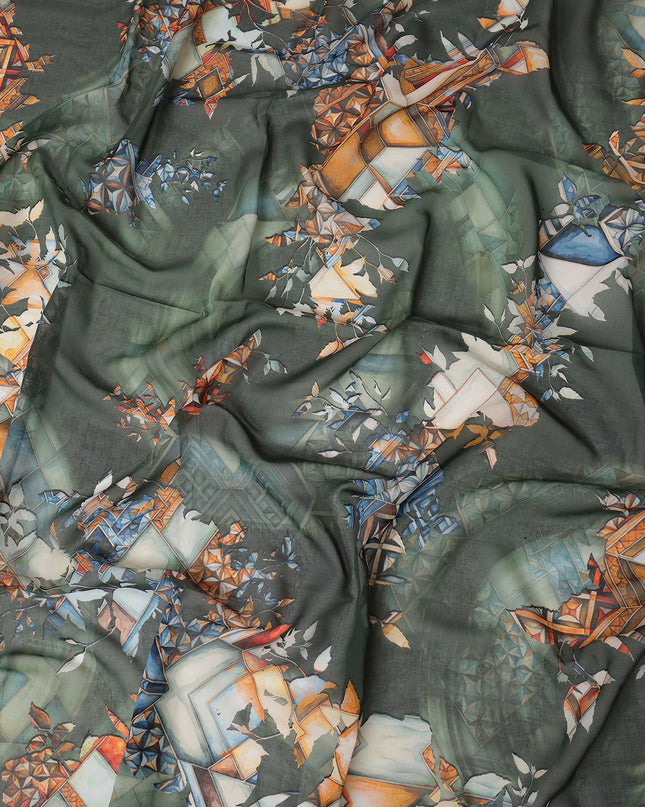 Dark Green Cotton Voile Traditional Sudanese Thobe with Abstract Print, 4.5 Mtrs Piece, Width 140 Cms, Made in India-D26467