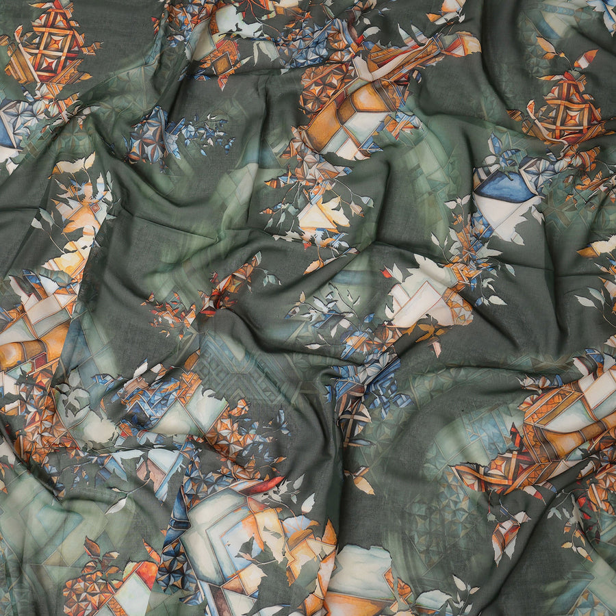 Dark Green Cotton Voile Traditional Sudanese Thobe with Abstract Print, 4.5 Mtrs Piece, Width 140 Cms, Made in India-D26467