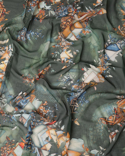 Green Multi-Color Geometric Floral Printed Somali Cotton Voile Dirac Fabric, 3.5 Mtrs Piece, 140 cm Width, Made in India-D26657