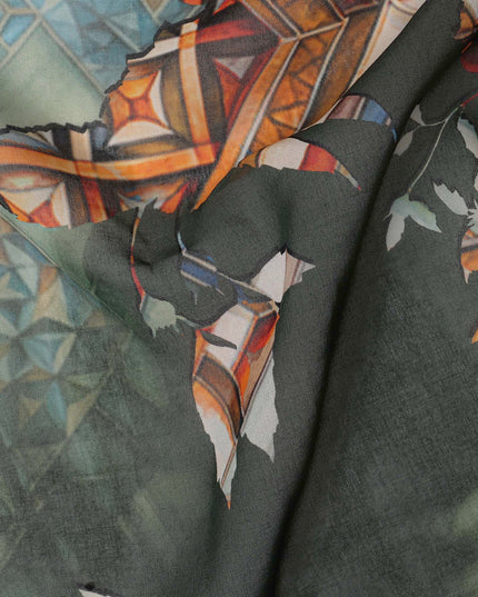 Green Multi-Color Geometric Floral Printed Somali Cotton Voile Dirac Fabric, 3.5 Mtrs Piece, 140 cm Width, Made in India-D26657
