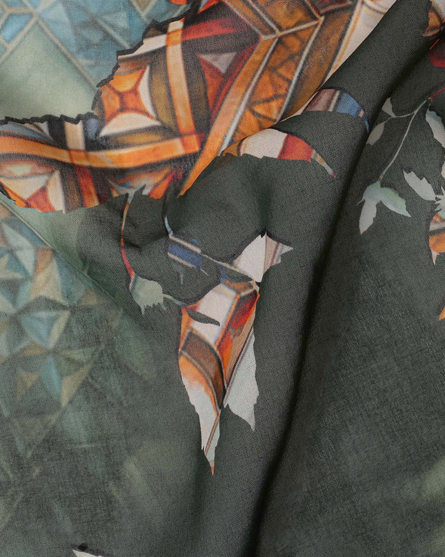 Dark Green Cotton Voile Traditional Sudanese Thobe with Abstract Print, 4.5 Mtrs Piece, Width 140 Cms, Made in India-D26467