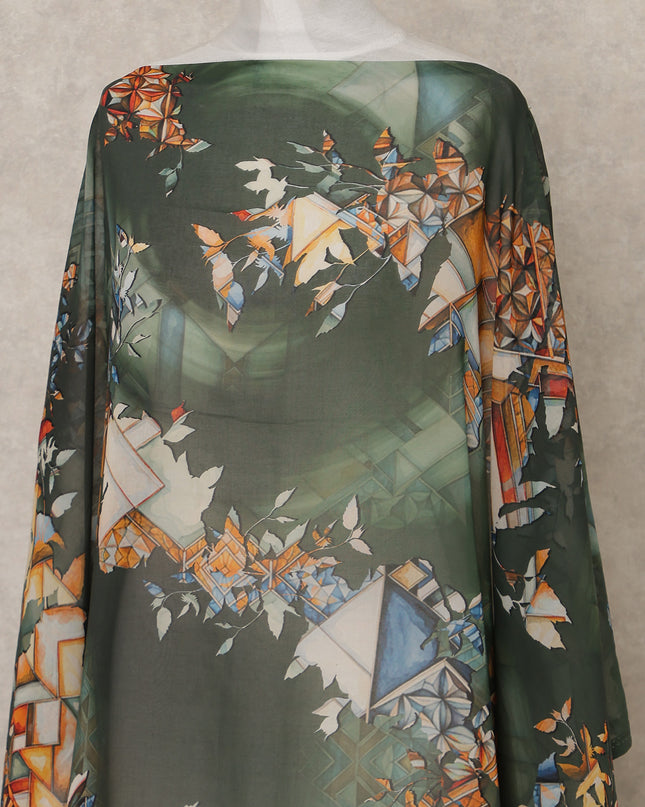 Green Multi-Color Geometric Floral Printed Somali Cotton Voile Dirac Fabric, 3.5 Mtrs Piece, 140 cm Width, Made in India-D26657