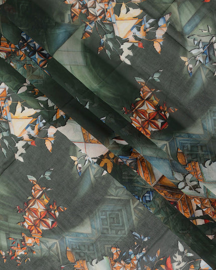 Dark Green Cotton Voile Traditional Sudanese Thobe with Abstract Print, 4.5 Mtrs Piece, Width 140 Cms, Made in India-D26467