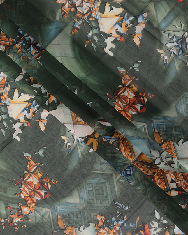 Green Multi-Color Geometric Floral Printed Somali Cotton Voile Dirac Fabric, 3.5 Mtrs Piece, 140 cm Width, Made in India-D26657
