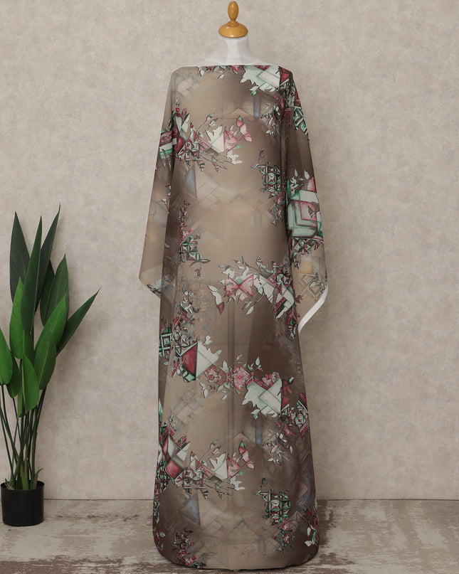Brown Multi-Color Geometric Floral Printed Somali Cotton Voile Dirac Fabric, 3.5 Mtrs Piece, 140 cm Width, Made in India-D26658