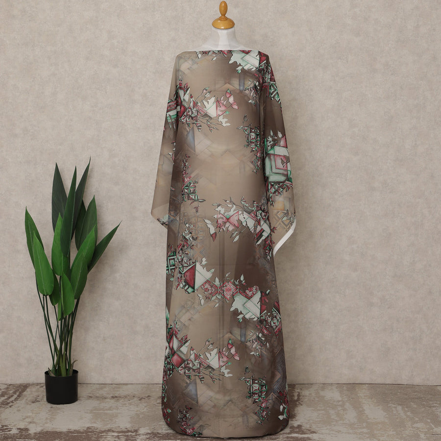 Brown Multi-Color Geometric Floral Printed Somali Cotton Voile Dirac Fabric, 3.5 Mtrs Piece, 140 cm Width, Made in India-D26658