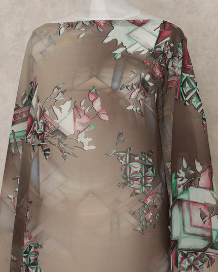 Brown Multi-Color Geometric Floral Printed Somali Cotton Voile Dirac Fabric, 3.5 Mtrs Piece, 140 cm Width, Made in India-D26658