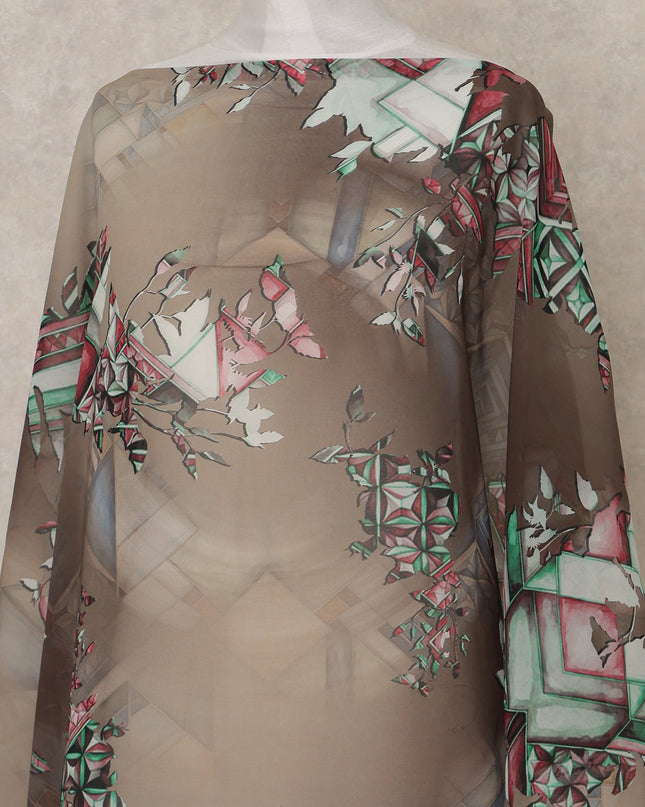 Brown Multi-Color Geometric Floral Printed Somali Cotton Voile Dirac Fabric, 3.5 Mtrs Piece, 140 cm Width, Made in India-D26658