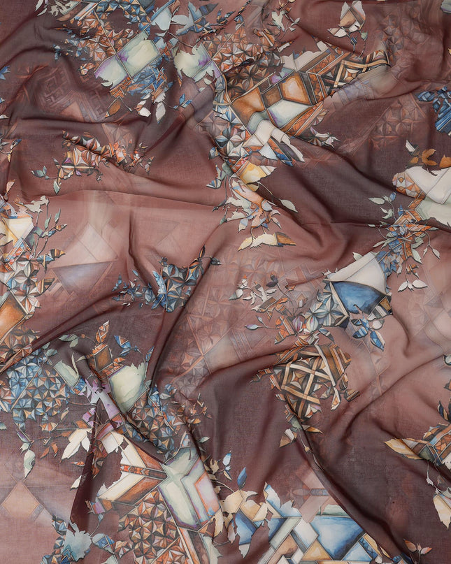 Brown Cotton Voile Traditional Sudanese Thobe with Abstract Print, 4.5 Mtrs Piece, Width 140 Cms, Made in India-D26468