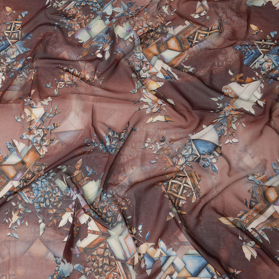 Brown Cotton Voile Traditional Sudanese Thobe with Abstract Print, 4.5 Mtrs Piece, Width 140 Cms, Made in India-D26468