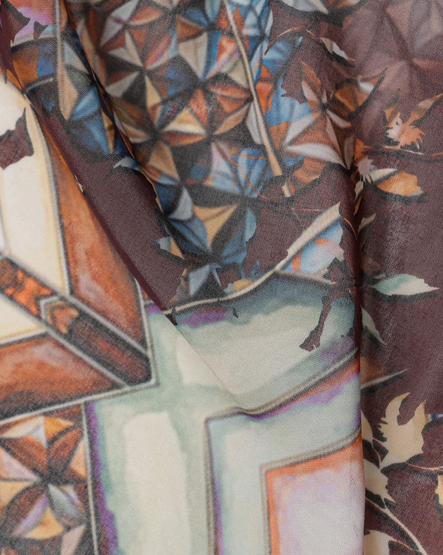 Brown Cotton Voile Traditional Sudanese Thobe with Abstract Print, 4.5 Mtrs Piece, Width 140 Cms, Made in India-D26468