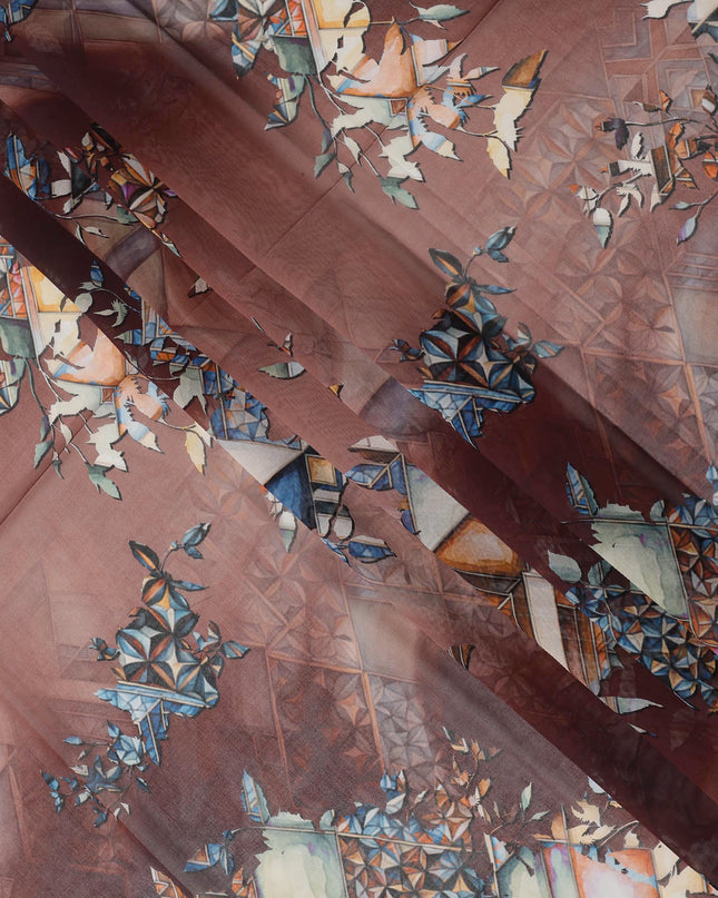 Brown Cotton Voile Traditional Sudanese Thobe with Abstract Print, 4.5 Mtrs Piece, Width 140 Cms, Made in India-D26468