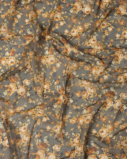 Olive Green Cotton Voile Traditional Sudanese Thobe with Mustard Floral Print, 4.5 Mtrs Piece, Width 140 Cms, Made in India-D26466