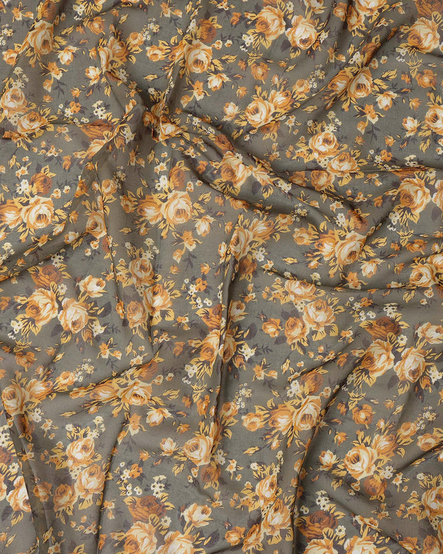 Olive Green Cotton Voile Traditional Sudanese Thobe with Mustard Floral Print, 4.5 Mtrs Piece, Width 140 Cms, Made in India-D26466