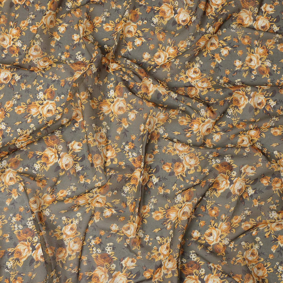 Olive Green Cotton Voile Traditional Sudanese Thobe with Mustard Floral Print, 4.5 Mtrs Piece, Width 140 Cms, Made in India-D26466