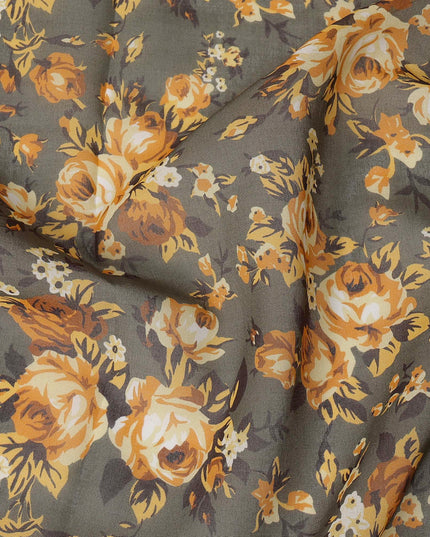 Olive Green Cotton Voile Traditional Sudanese Thobe with Mustard Floral Print, 4.5 Mtrs Piece, Width 140 Cms, Made in India-D26466