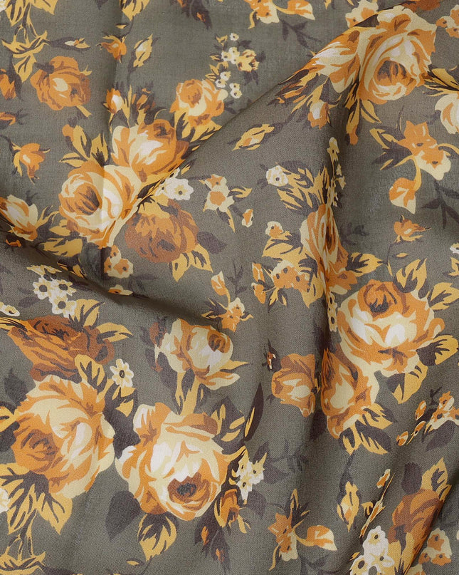 Olive Green Cotton Voile Traditional Sudanese Thobe with Mustard Floral Print, 4.5 Mtrs Piece, Width 140 Cms, Made in India-D26466