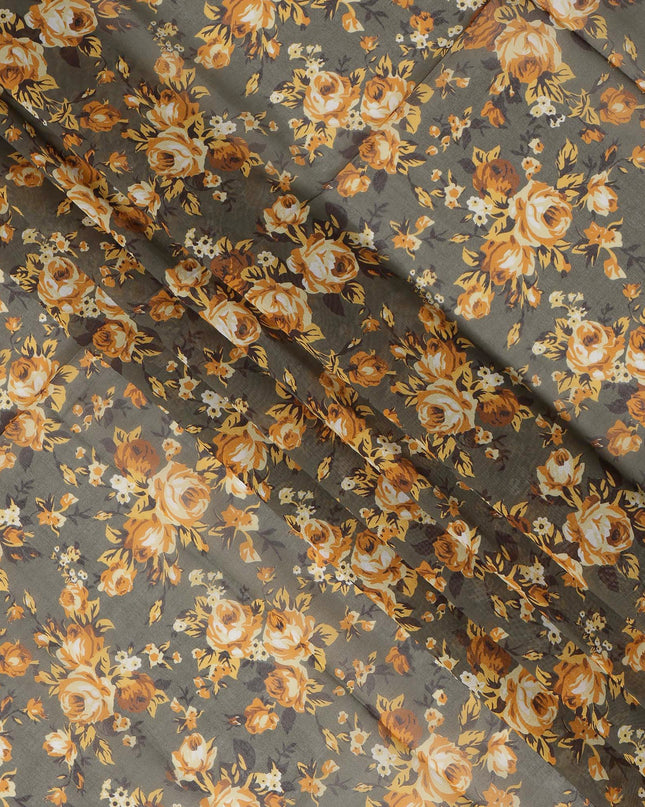 Olive Green Cotton Voile Traditional Sudanese Thobe with Mustard Floral Print, 4.5 Mtrs Piece, Width 140 Cms, Made in India-D26466