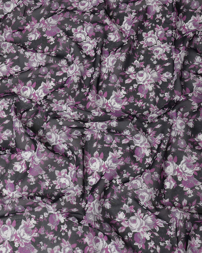 Black & Purple Cotton Voile Traditional Sudanese Thobe with Floral Print, 4.5 Mtrs Piece, Width 140 Cms, Made in India-D26463