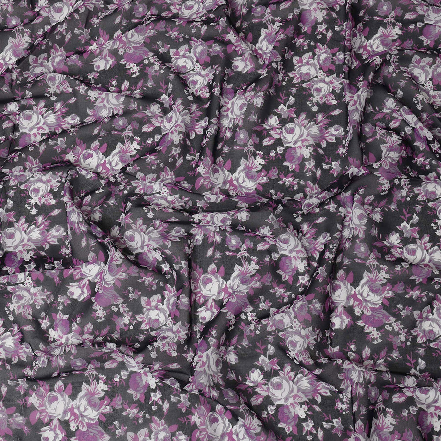 Black & Purple Cotton Voile Traditional Sudanese Thobe with Floral Print, 4.5 Mtrs Piece, Width 140 Cms, Made in India-D26463