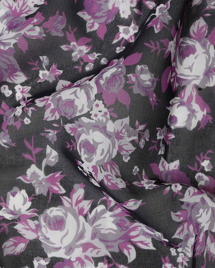 Black & Purple Cotton Voile Traditional Sudanese Thobe with Floral Print, 4.5 Mtrs Piece, Width 140 Cms, Made in India-D26463