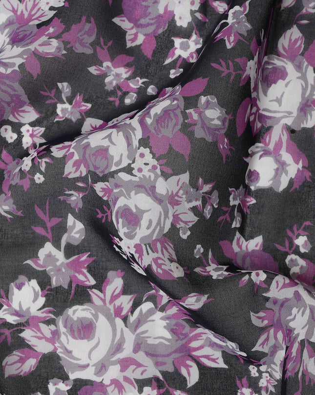Black & Purple Cotton Voile Traditional Sudanese Thobe with Floral Print, 4.5 Mtrs Piece, Width 140 Cms, Made in India-D26463