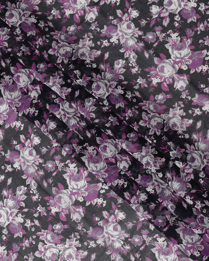 Black & Purple Cotton Voile Traditional Sudanese Thobe with Floral Print, 4.5 Mtrs Piece, Width 140 Cms, Made in India-D26463
