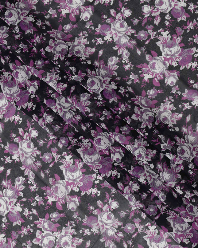 Black & Purple Cotton Voile Traditional Sudanese Thobe with Floral Print, 4.5 Mtrs Piece, Width 140 Cms, Made in India-D26463