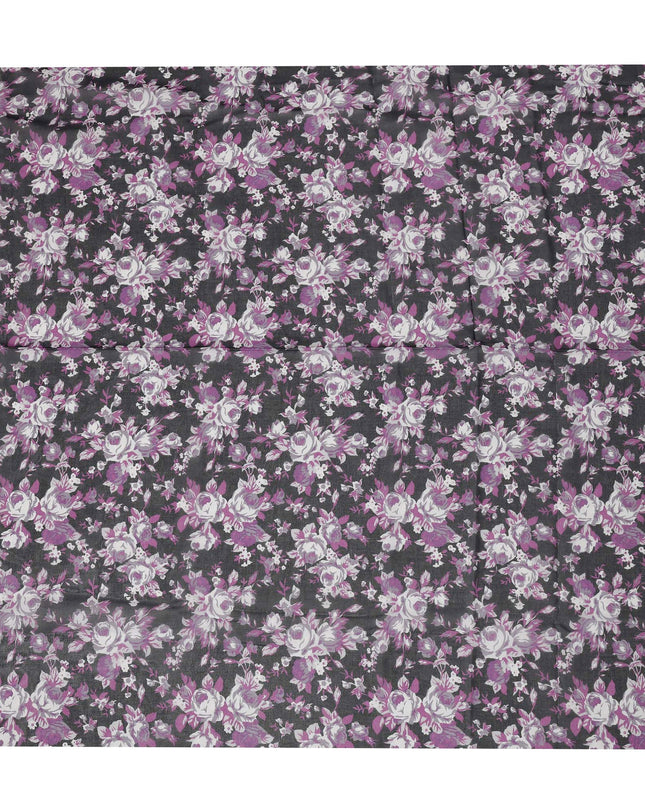 Black & Purple Cotton Voile Traditional Sudanese Thobe with Floral Print, 4.5 Mtrs Piece, Width 140 Cms, Made in India-D26463