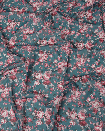 Teal Blue Cotton Voile Traditional Sudanese Thobe with Floral Print, 4.5 Mtrs Piece, Width 140 Cms, Made in India-D26464