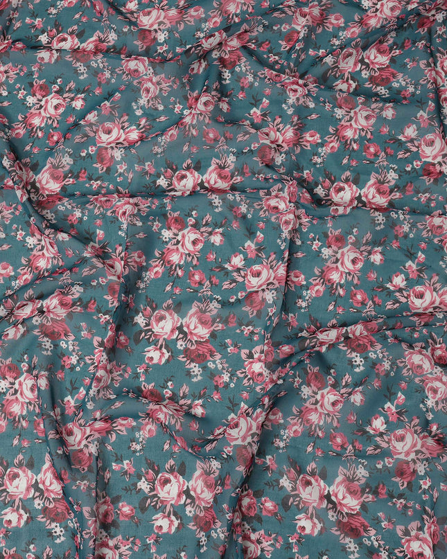 Teal Blue Cotton Voile Traditional Sudanese Thobe with Floral Print, 4.5 Mtrs Piece, Width 140 Cms, Made in India-D26464