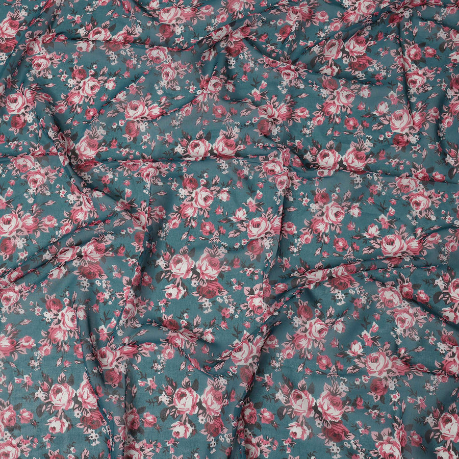 Teal Blue Cotton Voile Traditional Sudanese Thobe with Floral Print, 4.5 Mtrs Piece, Width 140 Cms, Made in India-D26464